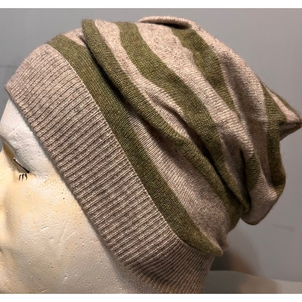 Michael Stars Cashmere Blend Slouchy Striped Beanie Hat Parchment Kelp Heather
